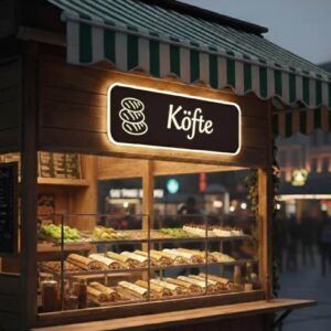 Verlicht uithangbord van een gehaktballenwinkel