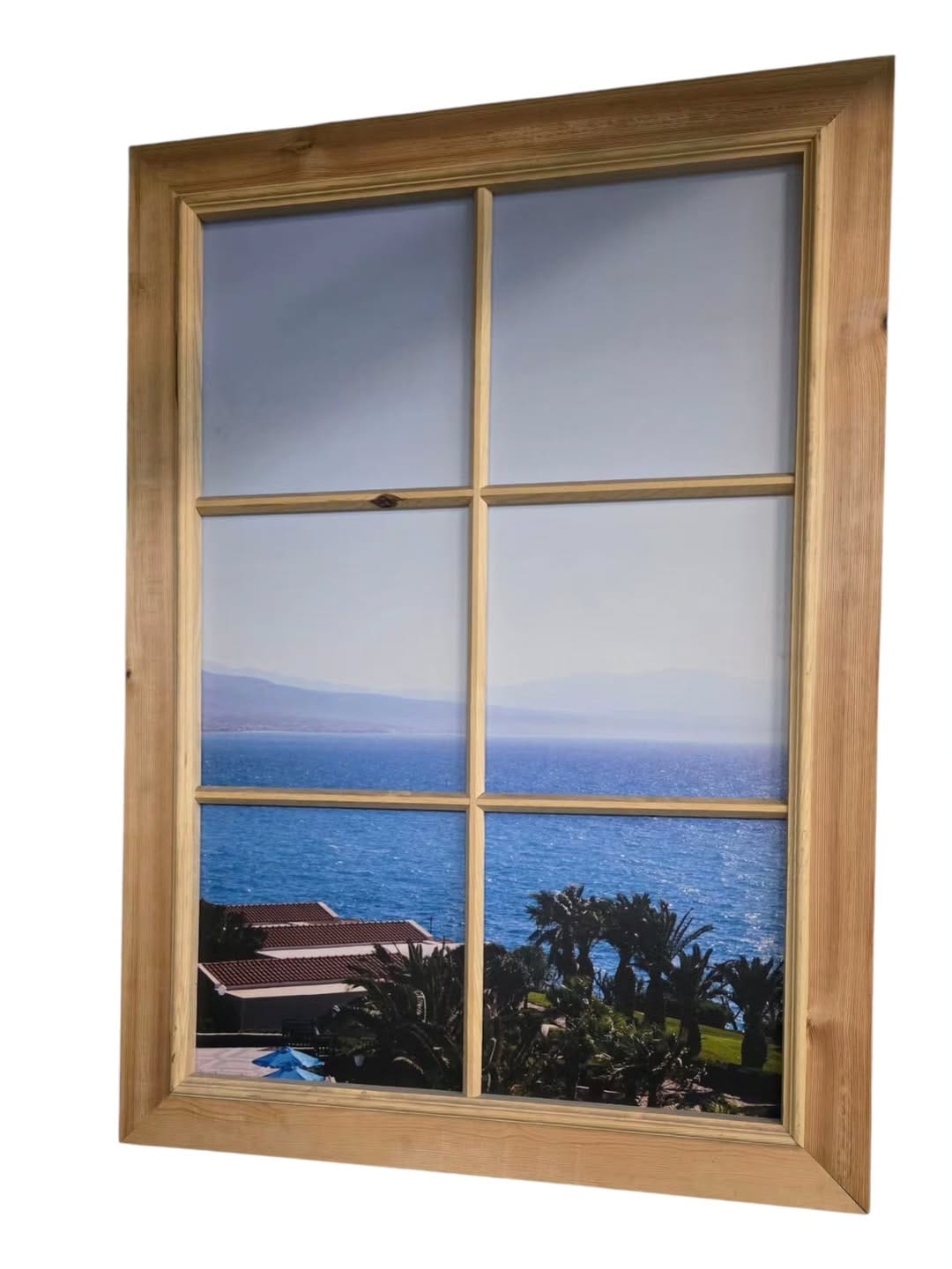Fenêtre artificielle illuminée – Éclairage LED, cadre en bois, tissu imprimé UV