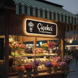 Letreiro luminoso para floristas: design em LED em plexiglass resistente para uso externo.